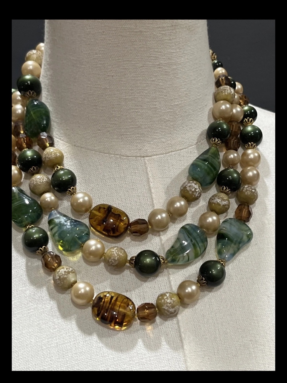 Robert DeMario Three Strained Necklace Multiple Color Glass Beads Faux Pearl